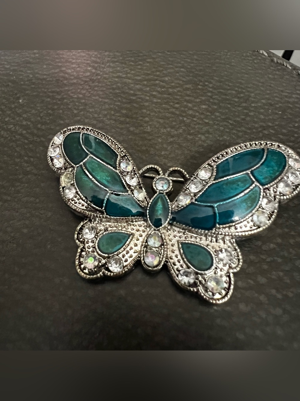 Silver-Tone Teal Butterfly Brooch with Crystals Enamel